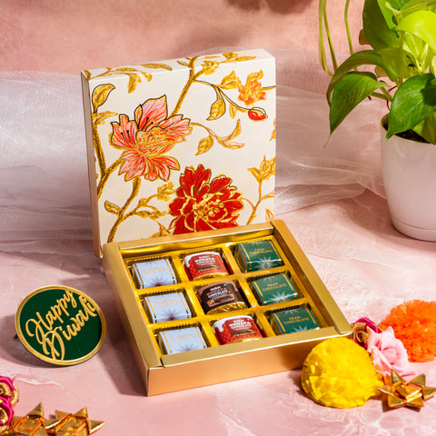 9 CAVITY SLIDER CHOCOLATE BOX WITH PRINTED SLEEVES AND GOLDEN TRAY (14*14*3 CM) (CK-2-MM)
