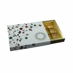 12 Cavity Chocolate Box With Golden Tray And Pearl White Intricate Floral Design Sleeves (19*14.4*3 Cm) (CK-3-W)