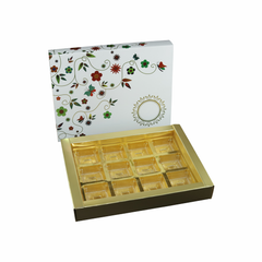 12 Cavity Chocolate Box With Golden Tray And Pearl White Intricate Floral Design Sleeves (19*14.4*3 Cm) (CK-3-W)