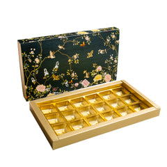 18 CAVITY SLIDER CHOCOLATE BOX WITH PRINTED SLEEVES AND GOLDEN TRAY (28*14*3 CM) (CK-4-EB)