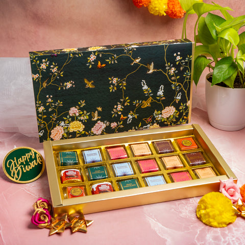 18 CAVITY SLIDER CHOCOLATE BOX WITH PRINTED SLEEVES AND GOLDEN TRAY (28*14*3 CM) (CK-4-EB)