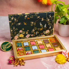 18 CAVITY SLIDER CHOCOLATE BOX WITH PRINTED SLEEVES AND GOLDEN TRAY (28*14*3 CM) (CK-4-EB)
