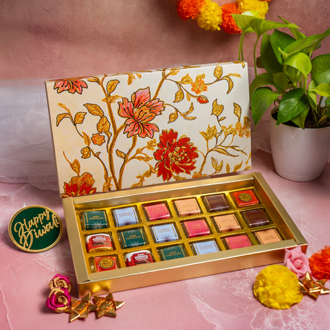 18 CAVITY SLIDER CHOCOLATE BOX WITH PRINTED SLEEVES AND GOLDEN TRAY (28*14*3 CM) (CK-4-MM)