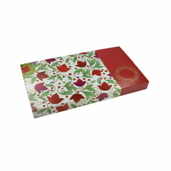 18 Cavity Chocolate Box With Golden Tray And Pearl Red Intricate Floral Design Sleeves (28*14*3 Cm) (CK-4-R)