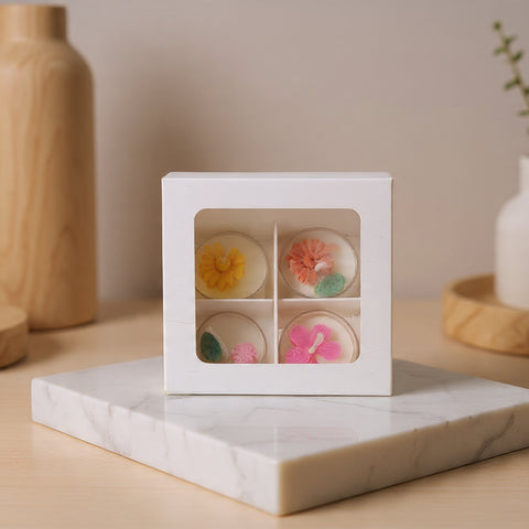 4 Cavity Ladoo Candle Box With Slider Window Sleeves and Partition- White -8*8*4 CM (CK-9)