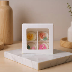 4 Cavity Ladoo Candle Box With Slider Window Sleeves and Partition- White -8*8*4 CM (CK-9)