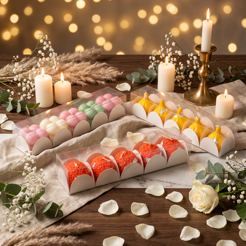 Three clear plastic boxes of decorative bath bombs arranged on a draped beige cloth on a wooden table, surrounded by lit white candles, dried grasses, eucalyptus leaves, rose petals, and a warm golden bokeh background.