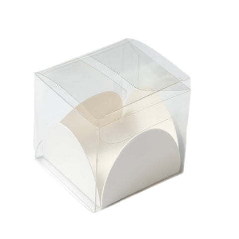 A clear plastic cube-shaped display box with a white arched base, shown on a plain white background.