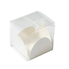 A clear plastic cube-shaped display box with a white arched base, shown on a plain white background.