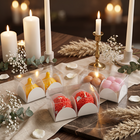Six clear plastic gift boxes containing small decorative pastries or candies in assorted colors, arranged on a wooden table with lit white candles, dried grasses, and white petals.