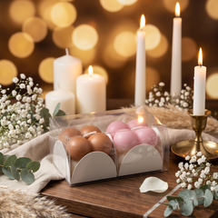 A clear square gift box containing three wax melts in brown, peach, and pink scents, styled on a wooden tray with white candles, baby's breath, eucalyptus, and soft bokeh lights in the background.