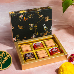 6 CAVITY SLIDER CHOCOLATE BOX WITH PRINTED SLEEVES AND GOLDEN TRAY (14*9.5*3 CM) (CK-1-EB)