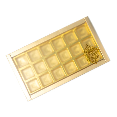 18 Cavity Chocolate Box With Golden Tray And Translucent PVC Sleeves (28*14*3 Cm) (CK-4)