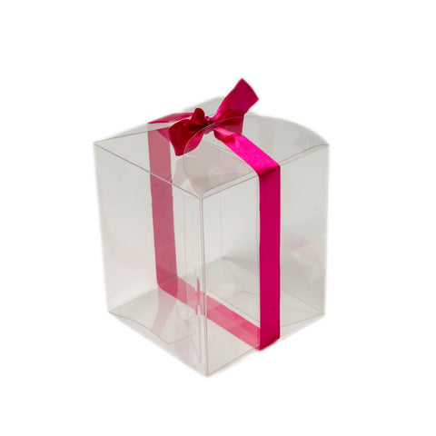 Transparent PVC Gift Box with Pink Ribbon – 3 × 3 × 3.5 Inch (PVC-100)