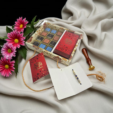 Makeup palette with decorative box, flowers, and jewelry on a fabric background
